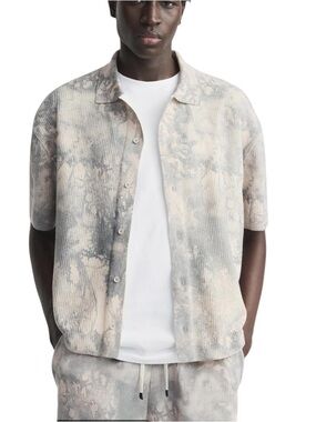 ZARA MAN Neutral Tie-Dye Abstract Print Short Sleeve Button Up Shirt Men Medium